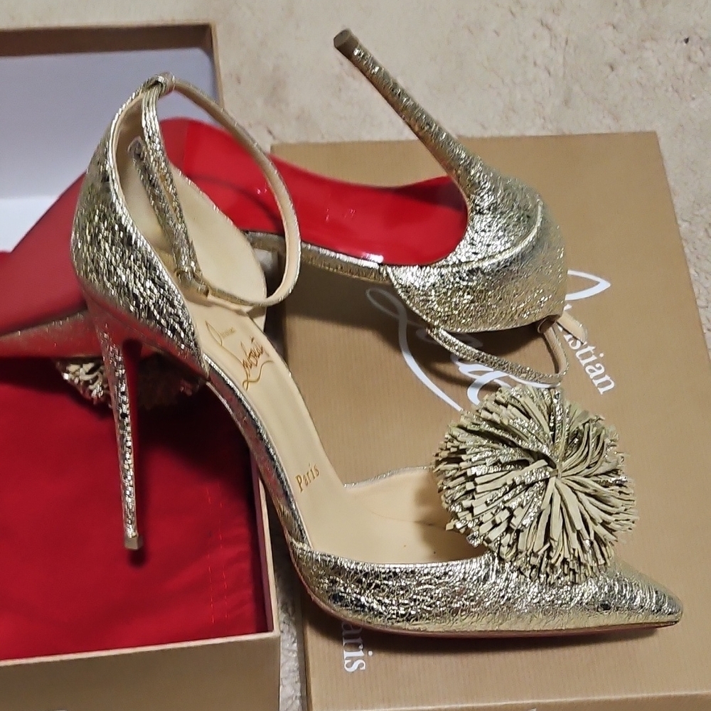 Christian Louboutin TSAROU Pompom Gold Heels - Picture 7 of 7